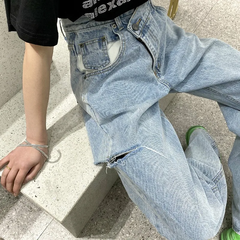 Irregular High Waist Hole Wide Leg Jeans Casual Loose Denim Pants Vintage Korean Fashion Harajuku Straight Pants 2023 Streetwear