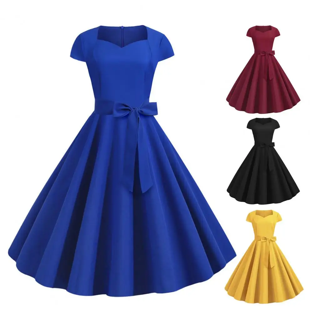 Stretchy Solid Dress Elegant V Neck A-line Midi Dress with Belted Bow Detail Retro Princess Style for Women High Waist Solid