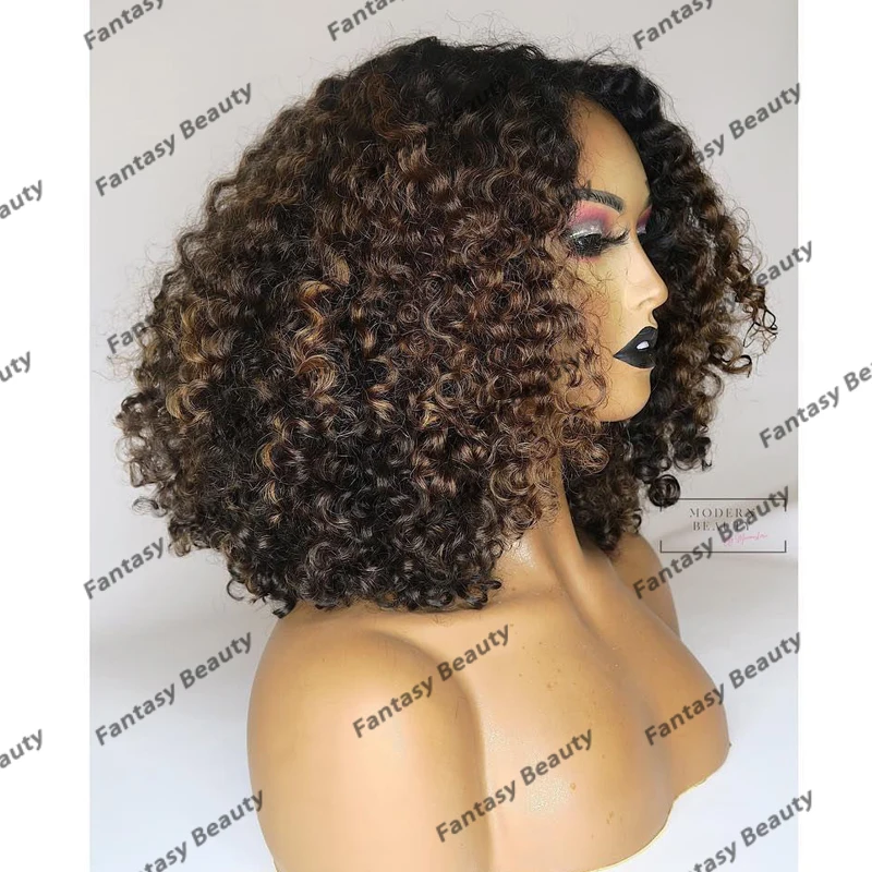 Lijmloze Ombre Donkerbruine Afo Kinky Krullend 100% Menselijk Haar 13X6 Kanten Pruiken Voor Zwarte Vrouwen Full Lace Pruiken Met Babyhaar