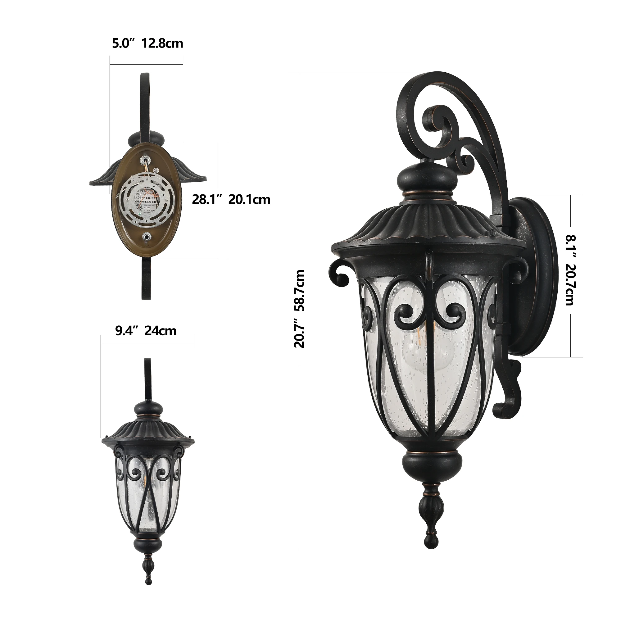 Classic Outdoor Wall Lantern, Black Vintage Wall Sconce with Bubble Glass, Waterproof Exterior Light Fixture for Porch, Patio