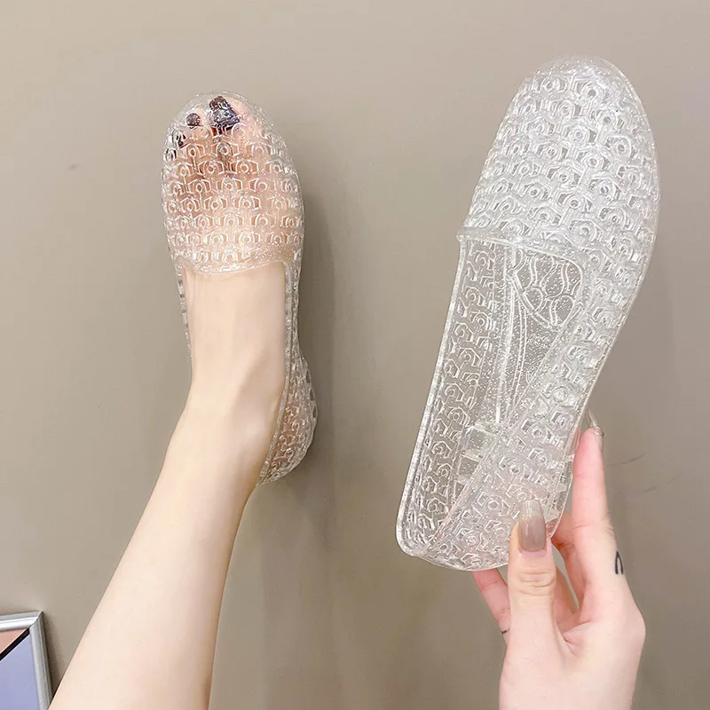 XIHAHA Fashion Beach Flat Woman Porous Shoes Plastic Crystal Jelly Shoe Hollow Mesh Sandals Mother Shoes Sneaker Women\'s Shoes