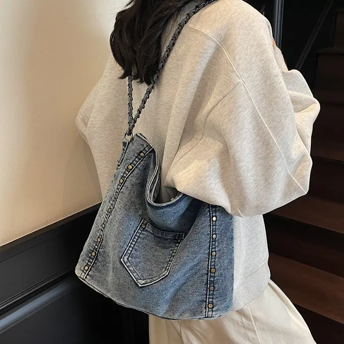 

2025 Rivet Denim Single-shoulder Bag Women Chain Crossbody Women Export Washed Denim Designer Luxury Bag