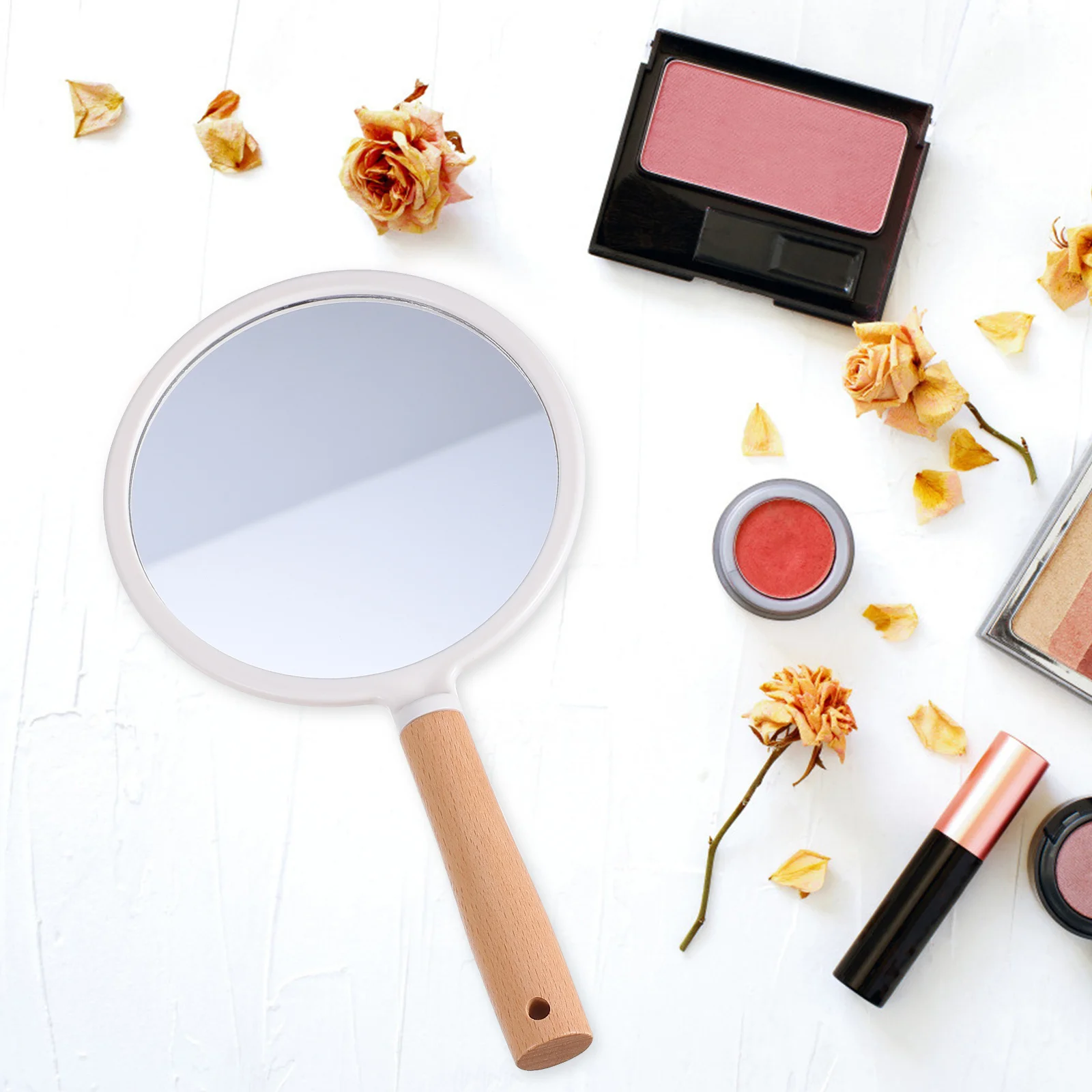 Wood Handle Handheld Makeup Mirror Barber Mirror Salon Portable Clear Surface for Precise Beauty
