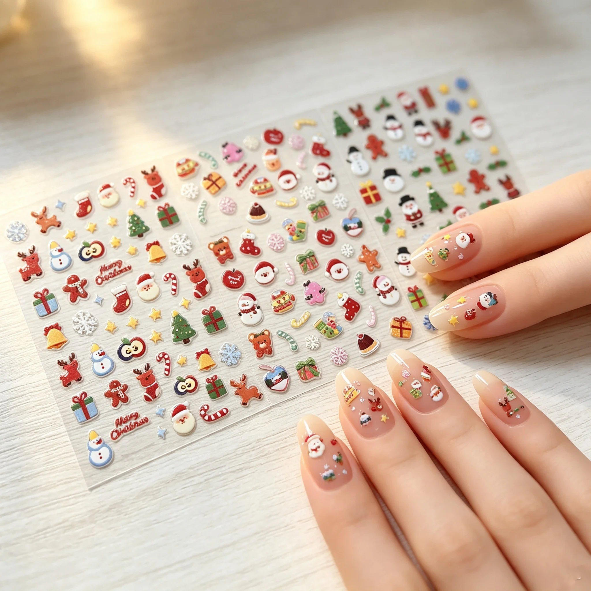 3Pcs 5D Winter Christmas Nail Stickers Cartoon Xmas Elements Santa Snowman Tree Snowflakes Nail Decal Xmas DIY Nail Art Supplies