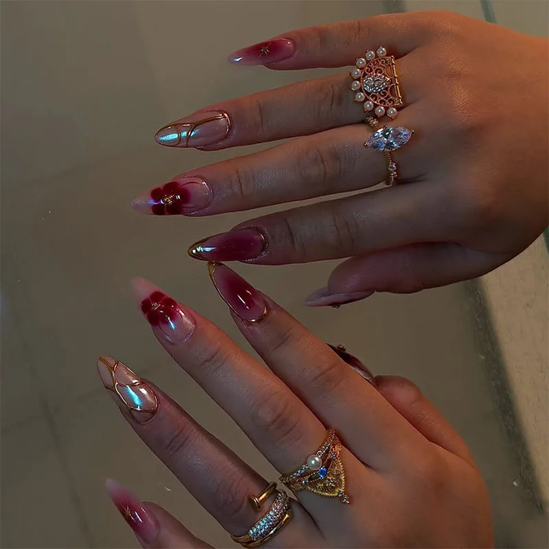 

24PCS Retro Red Gradient Flowers Press on Nails with Glue Simple Golden Patterns French False Nails for Women Almond Fake Nails