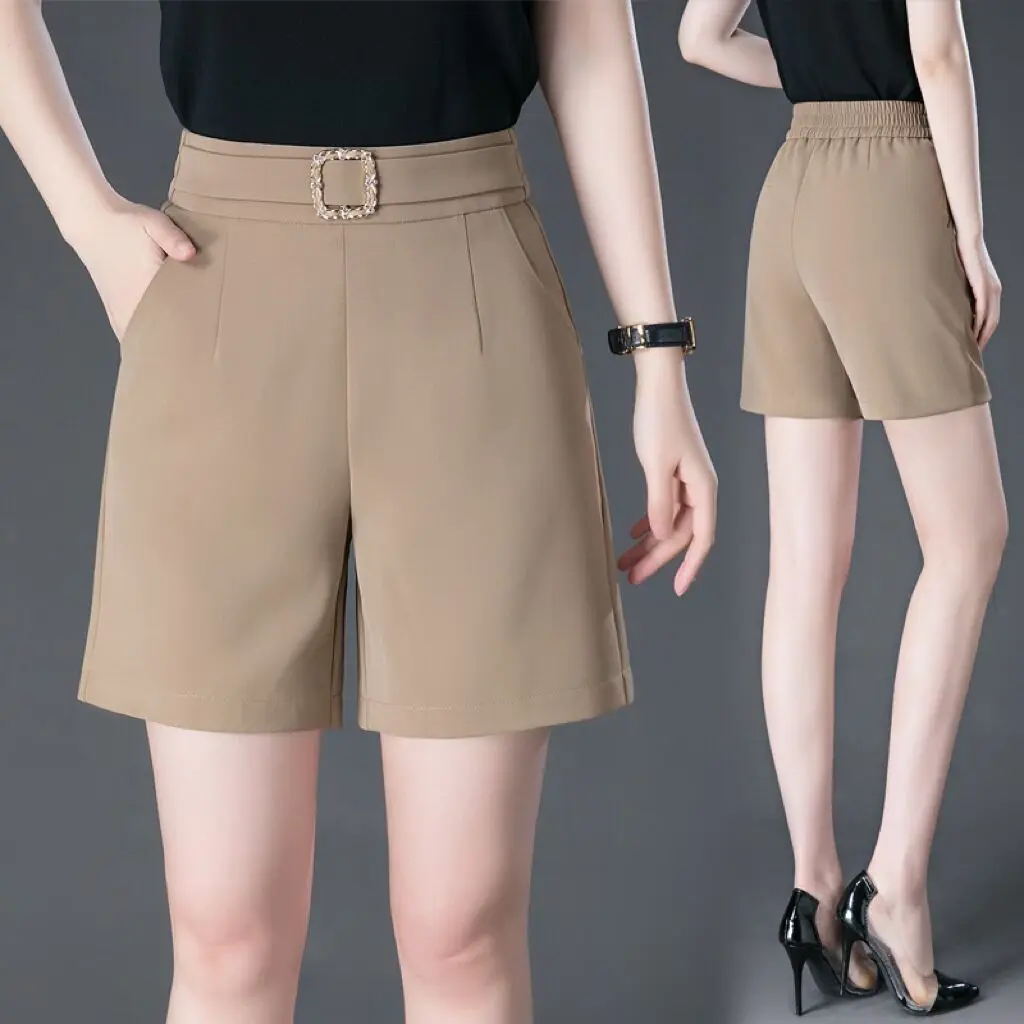High Waist Ice Silk Chiffon Shorts Women Summer Thin Wide Leg A-Line Casual Pants Five-Quarter Length Women's Suit Mid-Pants