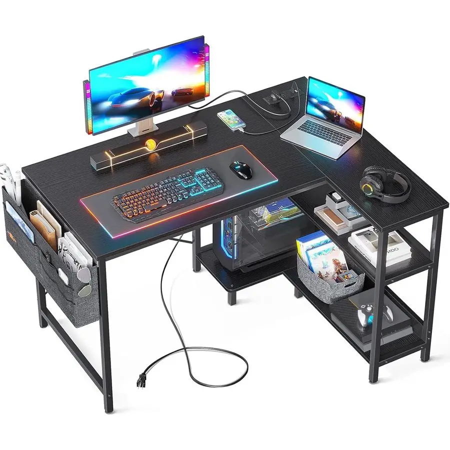 

40 Inch Small L Shaped Gaming Computer Desk with Power Outlets, Reversible Storage Shelves amp PC Stand for Home Office, Simple