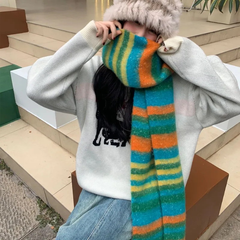 Autumn and Winter Korean Style Colorful Scarf Personalized Dopamine Rainbow Striped Fringe Thickened Warm Windproof Scarf