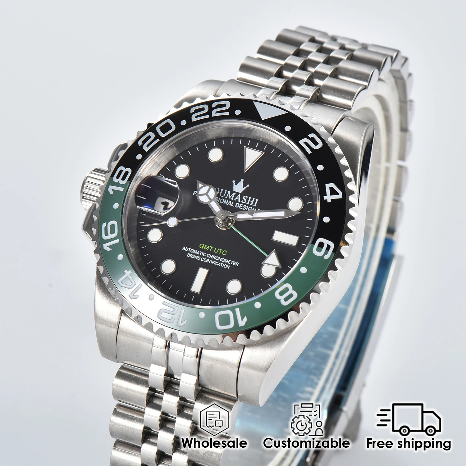 40 مللي متر ساعة اليد اليسرى للرجال الغواصة NH34 GMT منطقة زمنية متعددة مضيئة مقاوم للماء عادية موضة ساعة معصم قابلة للتخصيص