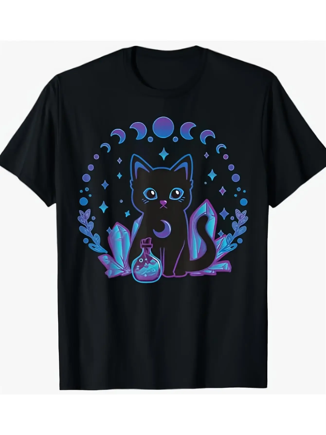 

Cottagecore Witchy Cat Crystals Graphic T-Shirt Soft Cotton Unisex Round Neck Tee