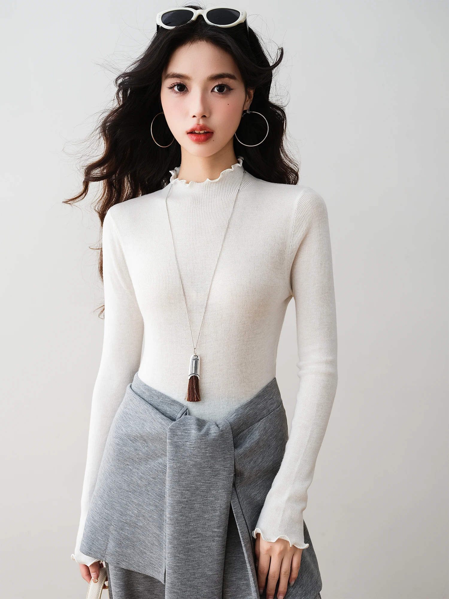 

Slim Fit Knitwear f High Collar Wooden Detail Autumn New Sle RONRON Base Layer irt Ele Faion Women's Top