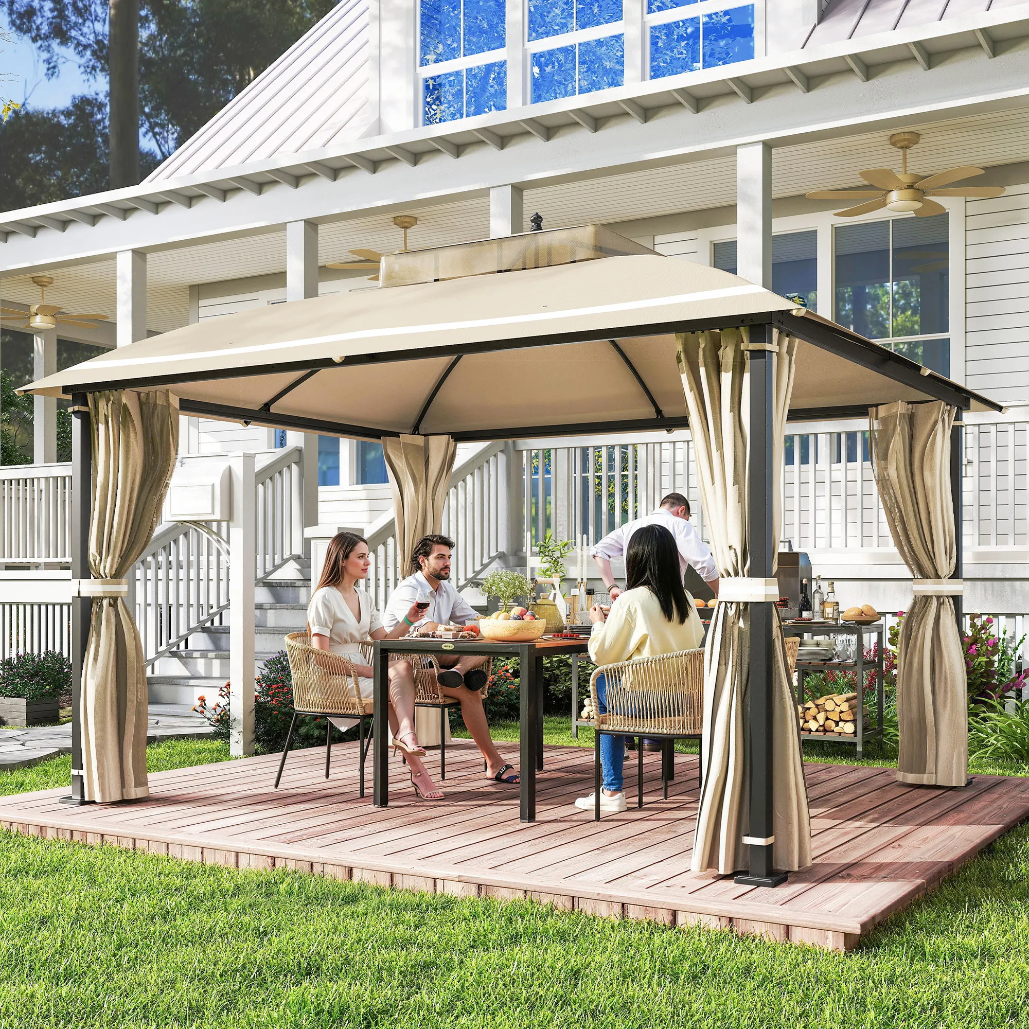 Outsunny Cenador para Jardín Outsunny metal, tela de poliéster Beige 370x303x290 cm