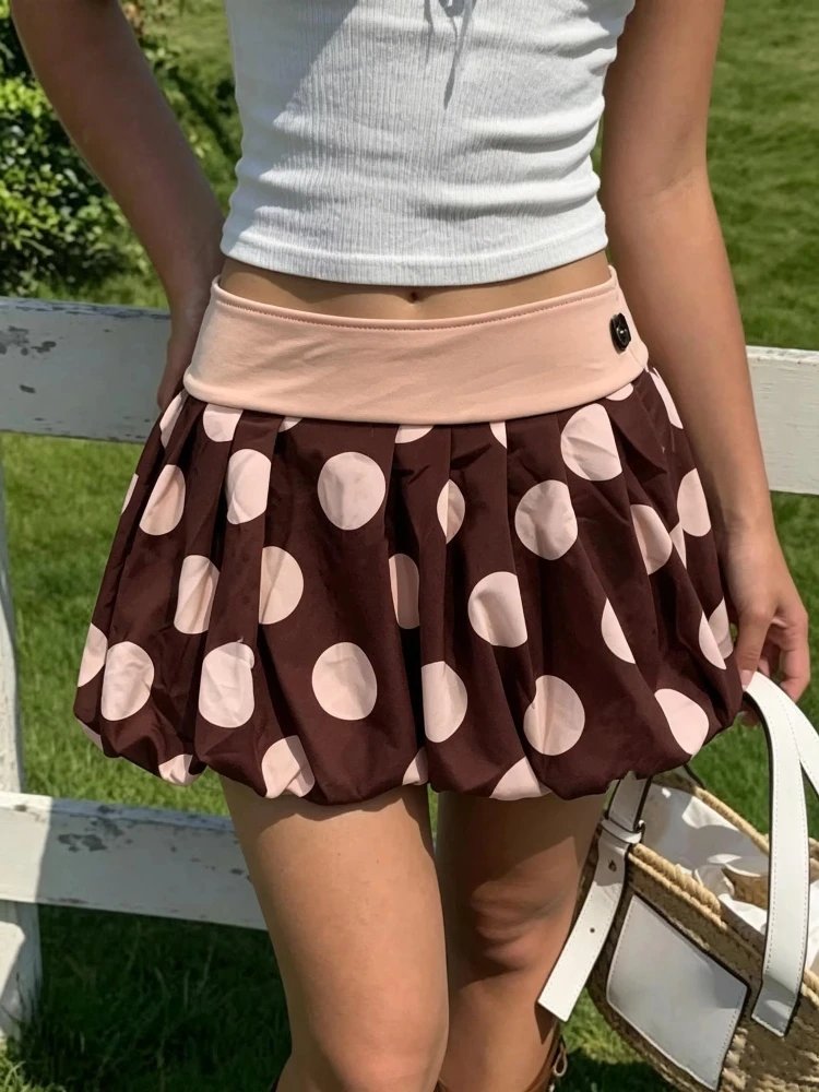 Women Harajuku Classic Contrast Waist Polka Dot Skirt Trendy Pleated Bubble Puff Hem Cute A Line Mini Short Skirt For Club Daily