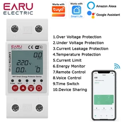 2P 63A TUYA WiFi Smart Earth Leakage Over Under Voltage Protector Relay Device Switch Breaker Energy Power kWh Meter Smart Life