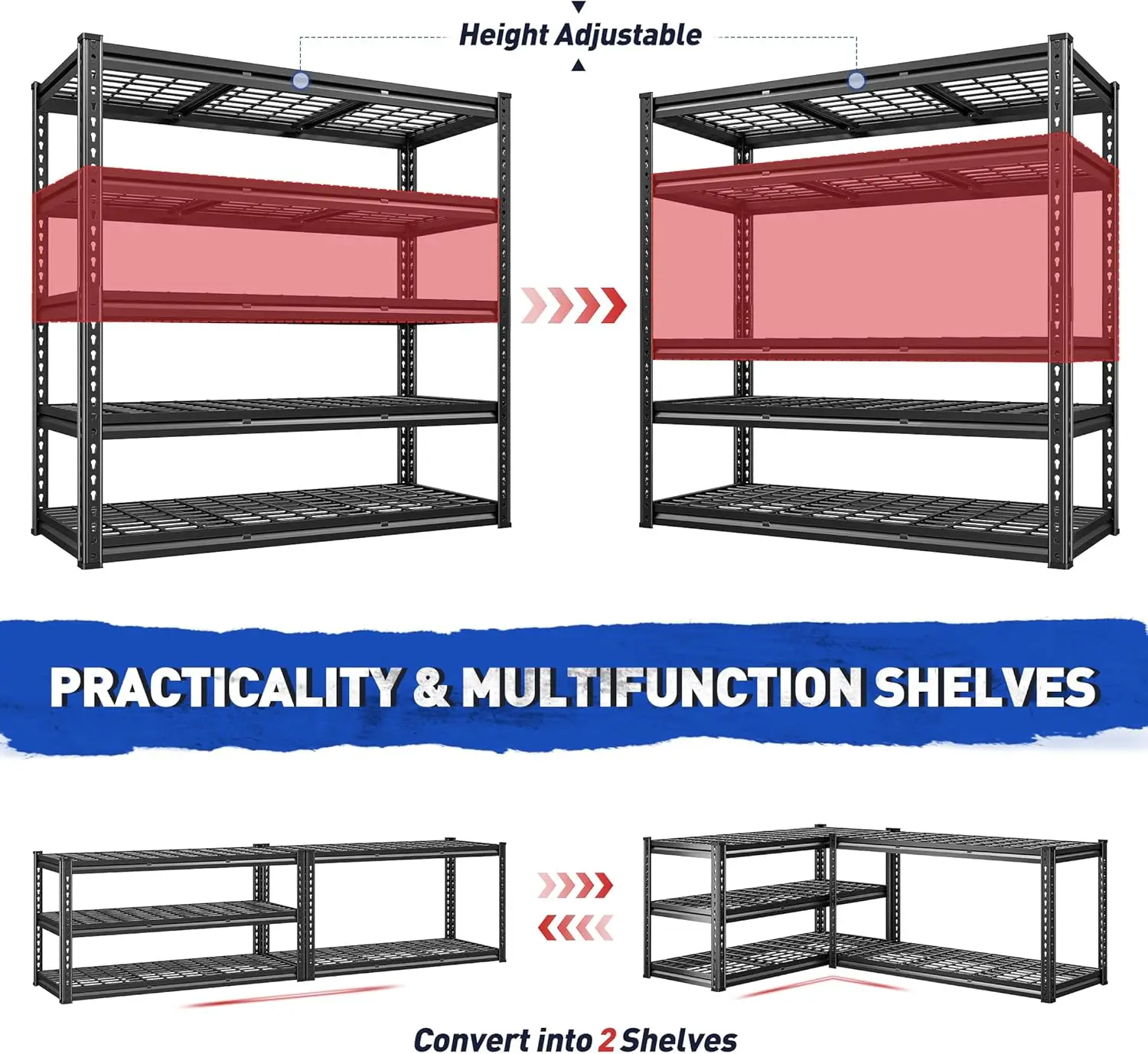 Prateleiras de garagem resistentes de 48 "W, prateleiras de armazenamento de 5 camadas, carga de 2750LBS de prateleiras de armazenamento de garagem de metal ajustáveis