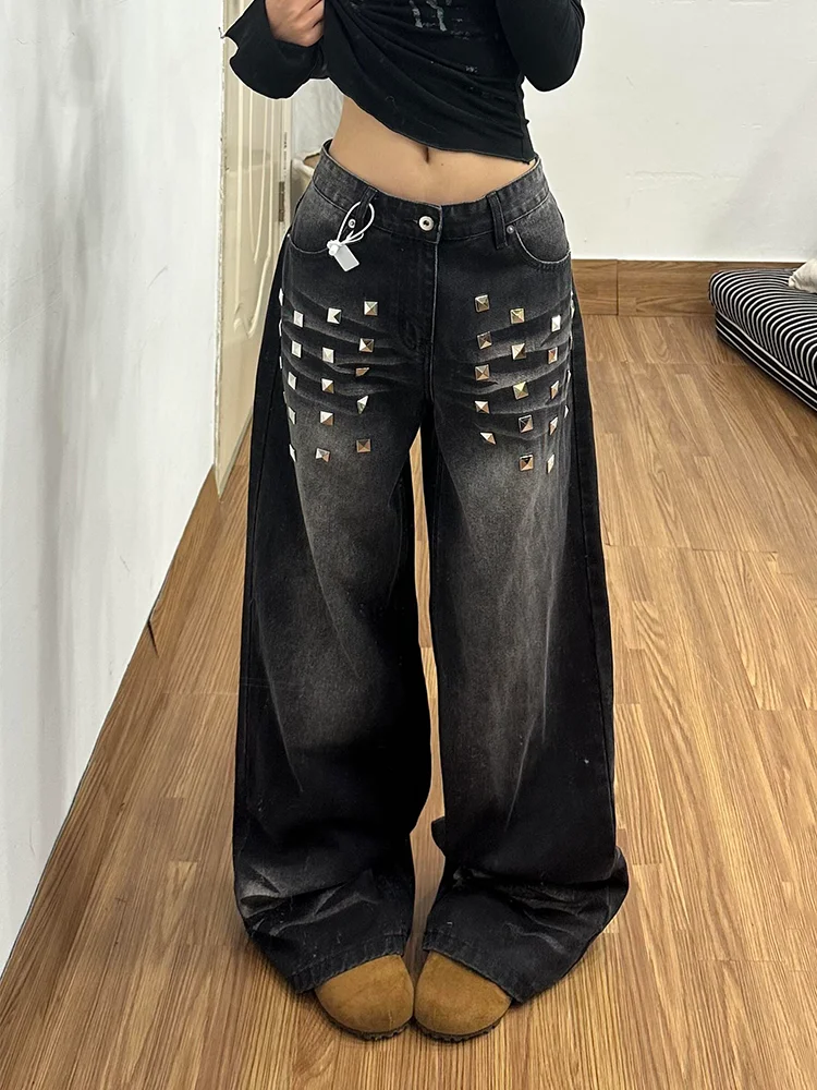 

Heavy Duty Rivet Denim Jeans Women's Loose Lazy Slim Straight Wide Leg Long Pants Autumn Winter New Style Casual High Waist