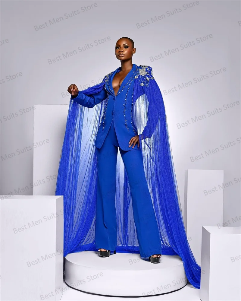 Crystals Blue Cape Women Suits Pants Set 2 Piece Office Lady Wrap Jacket Prom Dress Wedding Tuxedo Custom Made Jacket Outfit