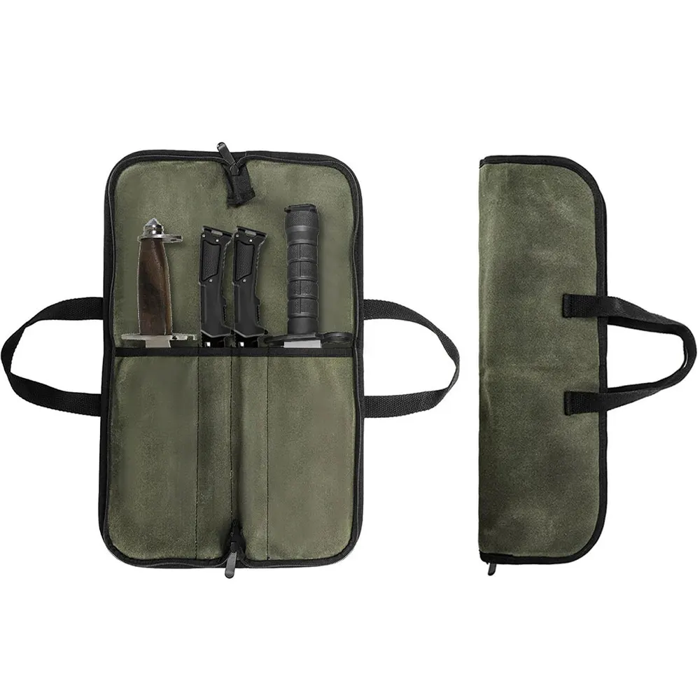Waxed Canvas Knife Roll Bag Multi Slots Portable Chef Knife Storage Case Tactical Carry Bag Knife Bag for Cooking Camping Tools