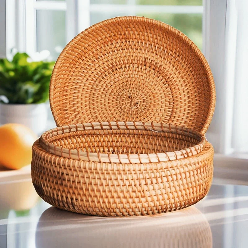 

Handwoven Rattan Storage Box with Lid, Tea and Food Container, Kungfu Tea Set Basket, Bread Fruit Organizer, Puer Tea Bag Holder