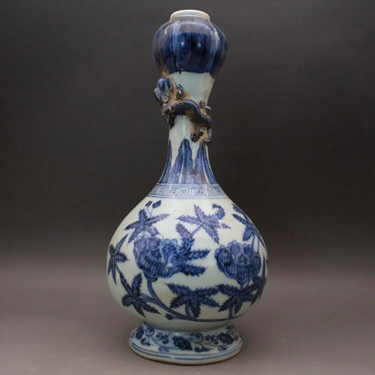 12.2 inch Chinese Ming Yongle Blue and White Porcelain Flowers Design Vase Panlong Garlic Bottle