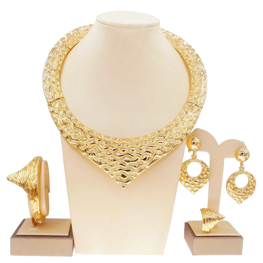 Woman Jewelry Set Italy Dubai Gold Plated Round Necklace Simple Style Earrings Bracelet Women Gift Bijoux