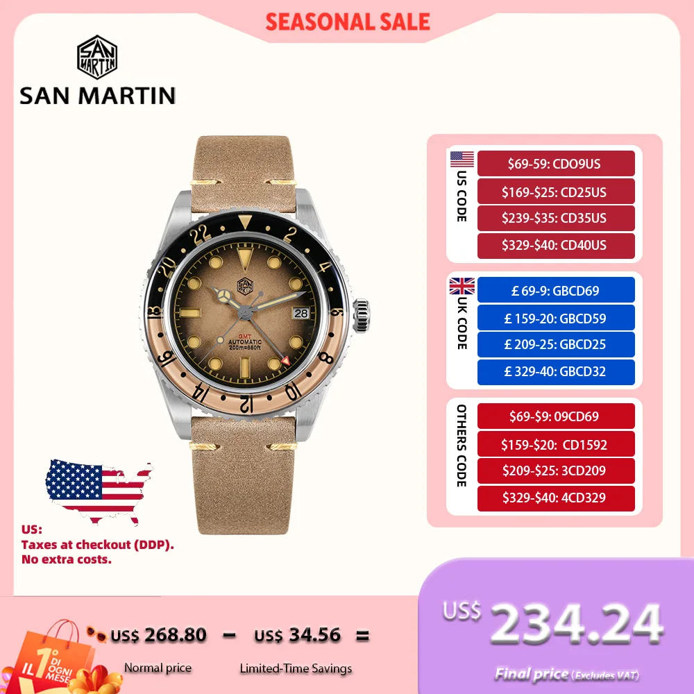 

San Martin 40mm NH34 Retro Gradient Color Dial Men's GMT Watch Automatic Mechanical Sapphire Bezel 20Bar C3 Green Lume SN0134