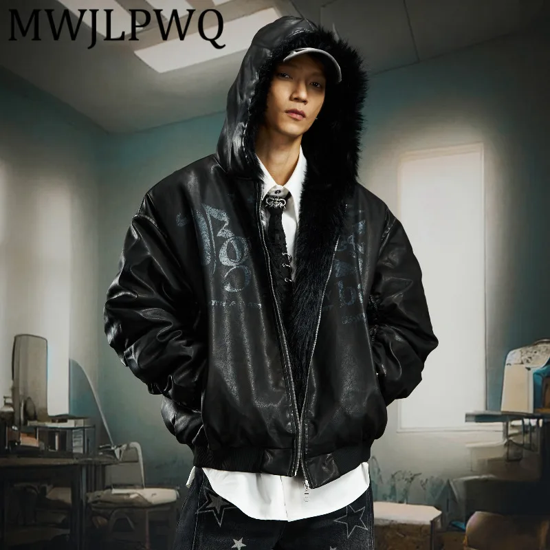 

MWJLPWQ Мужская хлопковая кожаная куртка с темным принтом и большим меховым воротником, топы с капюшоном в стиле хип-хоп, свободная короткая стеганая теплая зимняя уличная одежда 12581