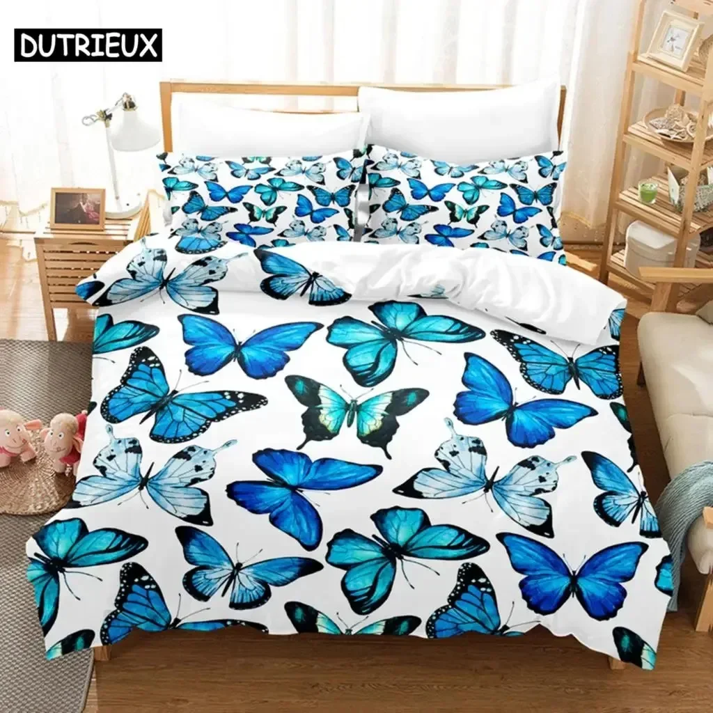 Luxury New 3D Print Blue Butterfly Duvet Cover Set King Size Bed Single Queen Bedding Sets Pink Full Twin Quilt Linen Pillowcase