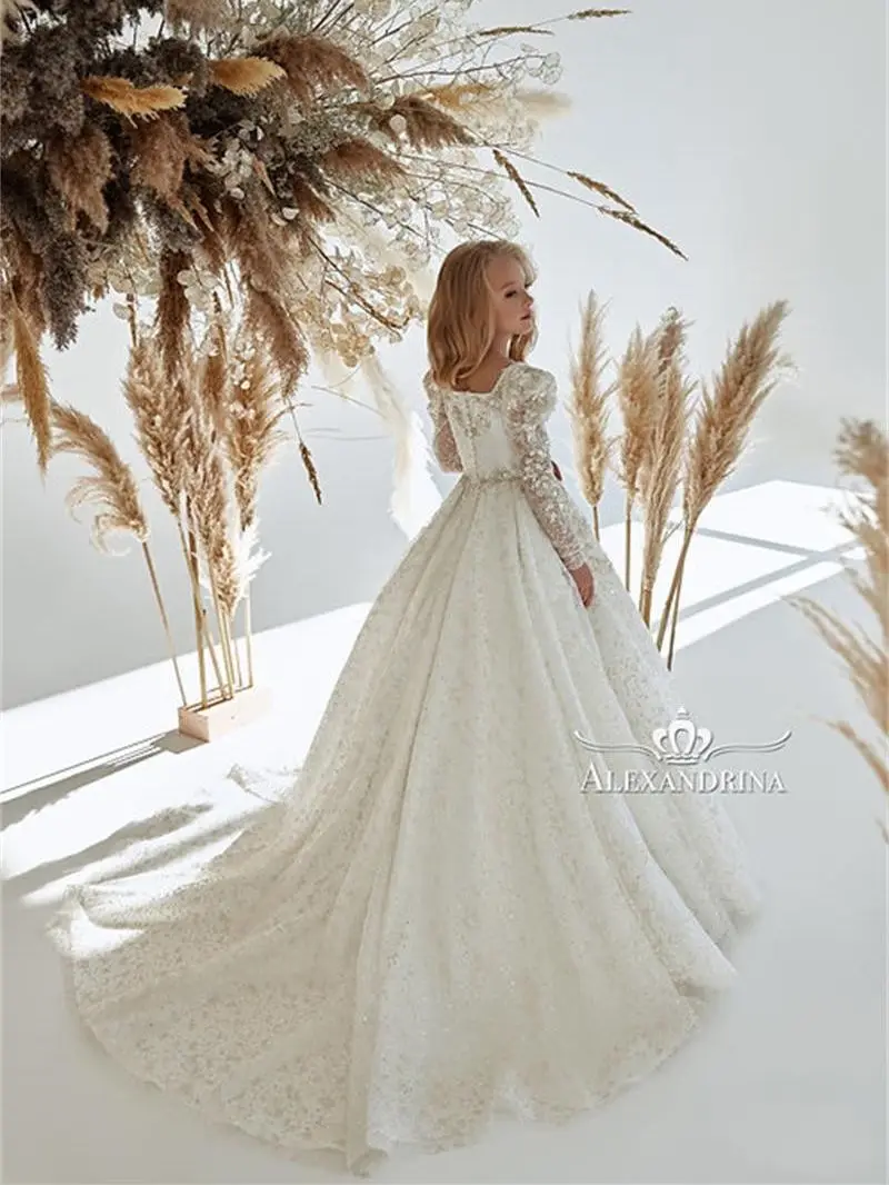 Elegante vestido de flores con cuello cuadrado de marfil para niña, apliques de línea A, cuentas, bohemio, fiesta de cumpleaños para niños