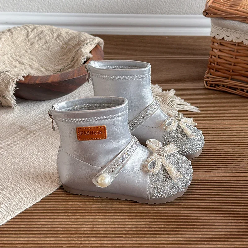Girls Rhinestone Pearl Bow Princess Ankle Boots, Kids PU Back‑Zipper Flat Party Short Boots 2‑Color Fall Winter