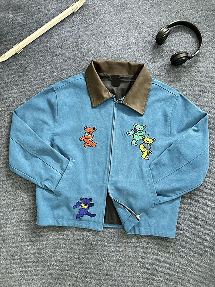 

American Sle Loose Fit Women's Jaet Dopne Color Blo Collar Zipper Closure Casual Outerwear for Couples Autumn Winter