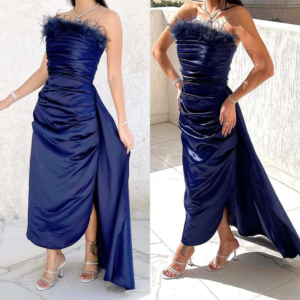 

Customized Sparkly Blue Satin Evening Dresses Fashion Strapless Sleeveless Homecoming Dresses Exquisite Special Occasion Gowns