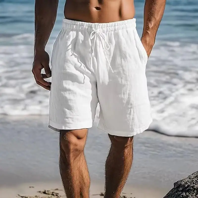 

NEW men's Cotton Linen Shorts Summer Lightweight Breathable Casual Beach Style Shorts Basic Solid Color Sweatpants Elastic Waist