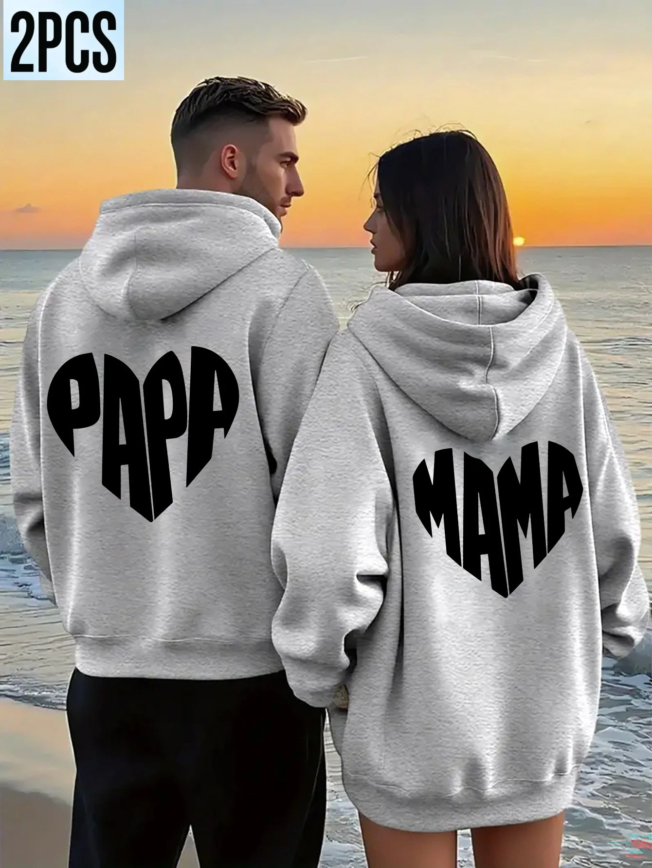 2PCS Herren Damen Kapuzenpullover Papa Mama Herzform Buchstabendruck Locker Sitzend Herbst Winter Paar Streetwear Pullover Hoodie