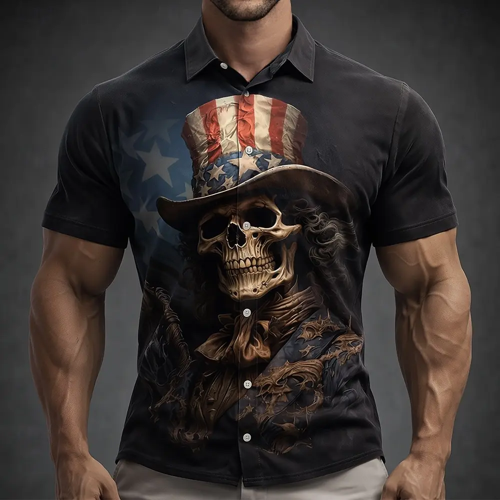 

Мужская рубашка с изображением черепа и флагом США, посвященная 250-летию Америки, на пуговицах, с коротким рукавом, патриотическая, для отдыха на природе, летняя.