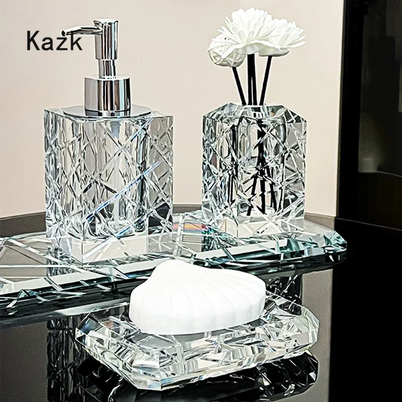 

Light Luxury Crystal Bathroom Accessories High End Hotel Cutting Style Glass Toothbrush Holder Home Lotion Bottle Storage Tray