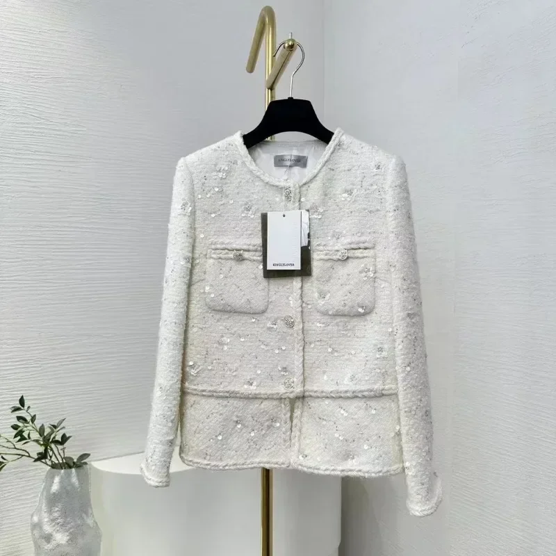 

High Quality Autumn Winter New Female 2024 Daily Elegant Exquisite Kinglylover Sequined Long Sleeve Ivory Tweed Jacket