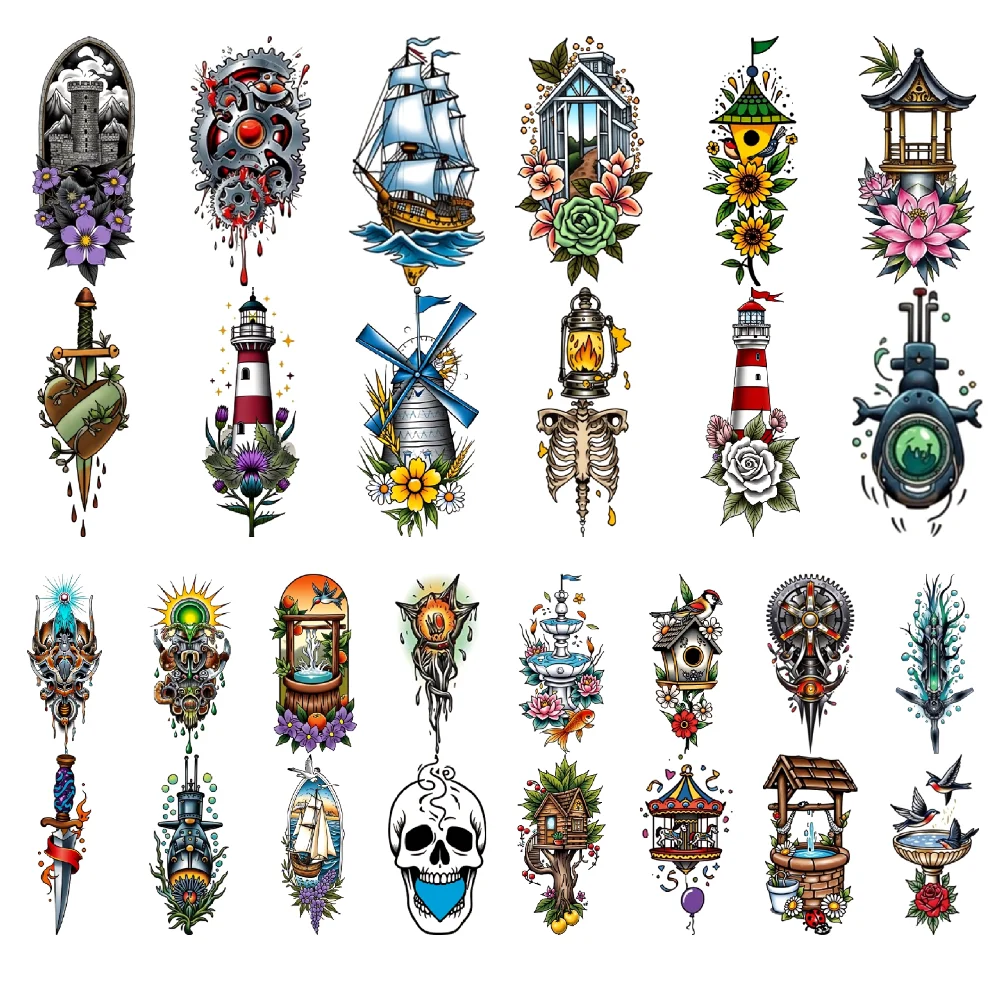 

28pcs Temporary Tattoo New School Traditional Well Sailing Ship Hourglass For Chest Women Shoulders
