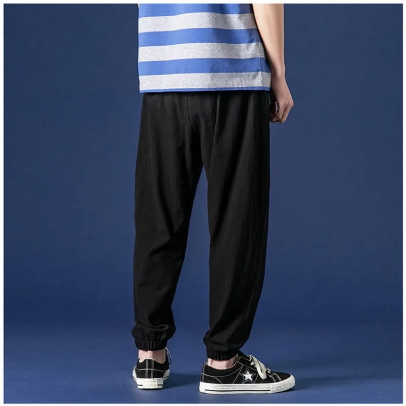 Summer New Men Cotton Hemp Thin Solid Sweatpants Streetwear Fashion Elastic Waist Harajuku Loose Casual Straight Sports Trousers