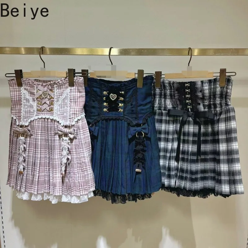 Women Jirai Kei Plaid Mini Y2K Skirt Harajuku Gothic Lolita High Waist Skirts Female Lace Bow Heart Decor Pleated Short Skirt