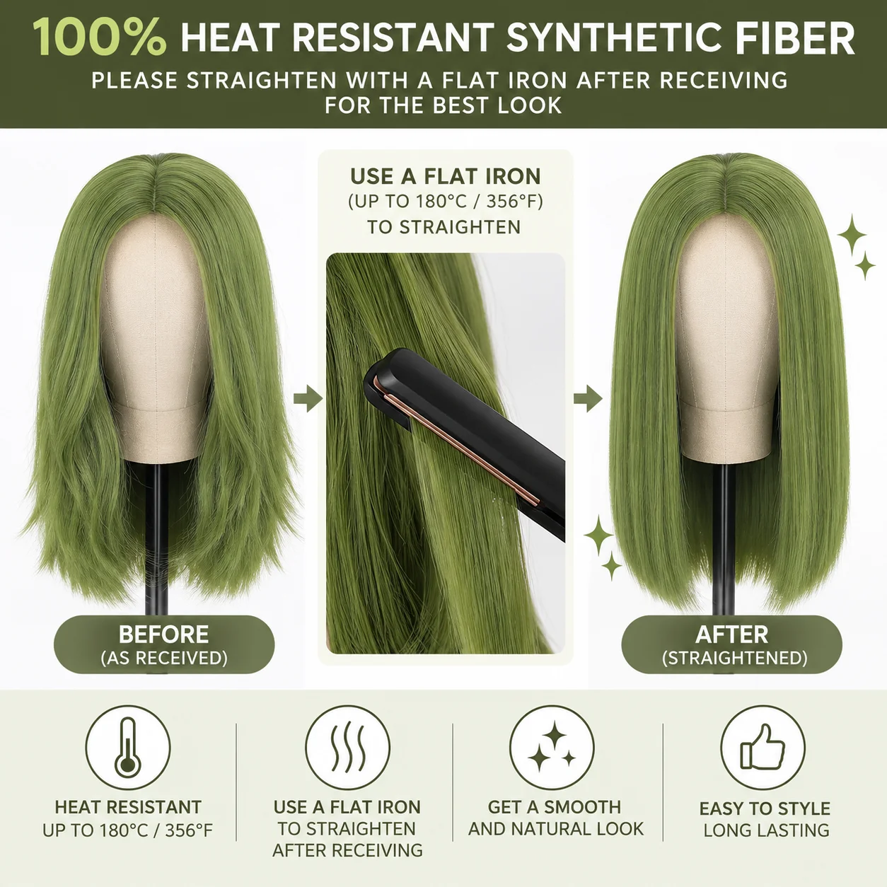 Hollaween Wigs 16inch Green Wigs - Straight & Bob Styles, 180% Density, Glueless & Synthetic Hair Wigs Middle Part Shoulder Length, Perfect for Halloween or Daily Use