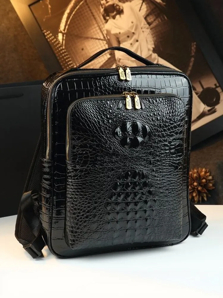 

Men's Genuine Leather Backpack Crocodile Texture Business Laptop Backpack Large Capacity Travel Bag Fit 16 inch Laptop