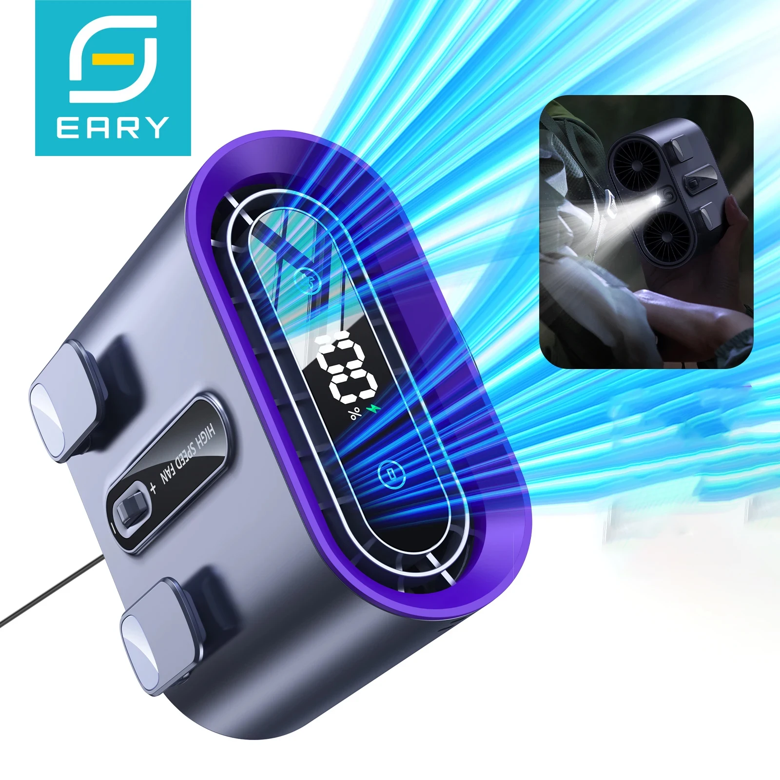 

Eary Portable Waist Fan Clip 6000mAh Battery 100 Speeds Personal Air Cooling Fan With Lighting Mini Belt Fan for Outdoor Travel
