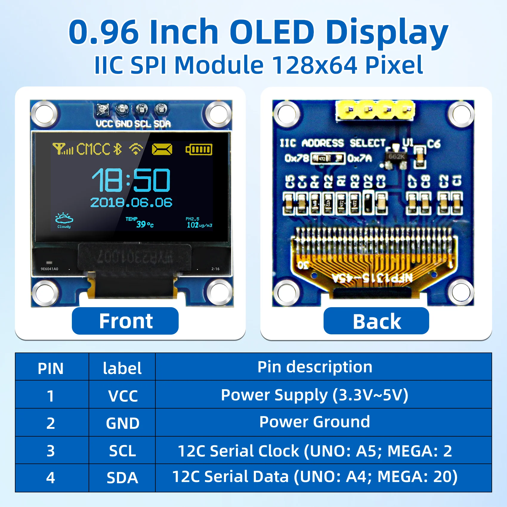 Módulo de pantalla OLED I2C de 0,96 1,3 pulgadas con pantalla OLED de 4 pines 128X64 SSD1306 SH1106 para Arduino ESP32 Raspberry Pi