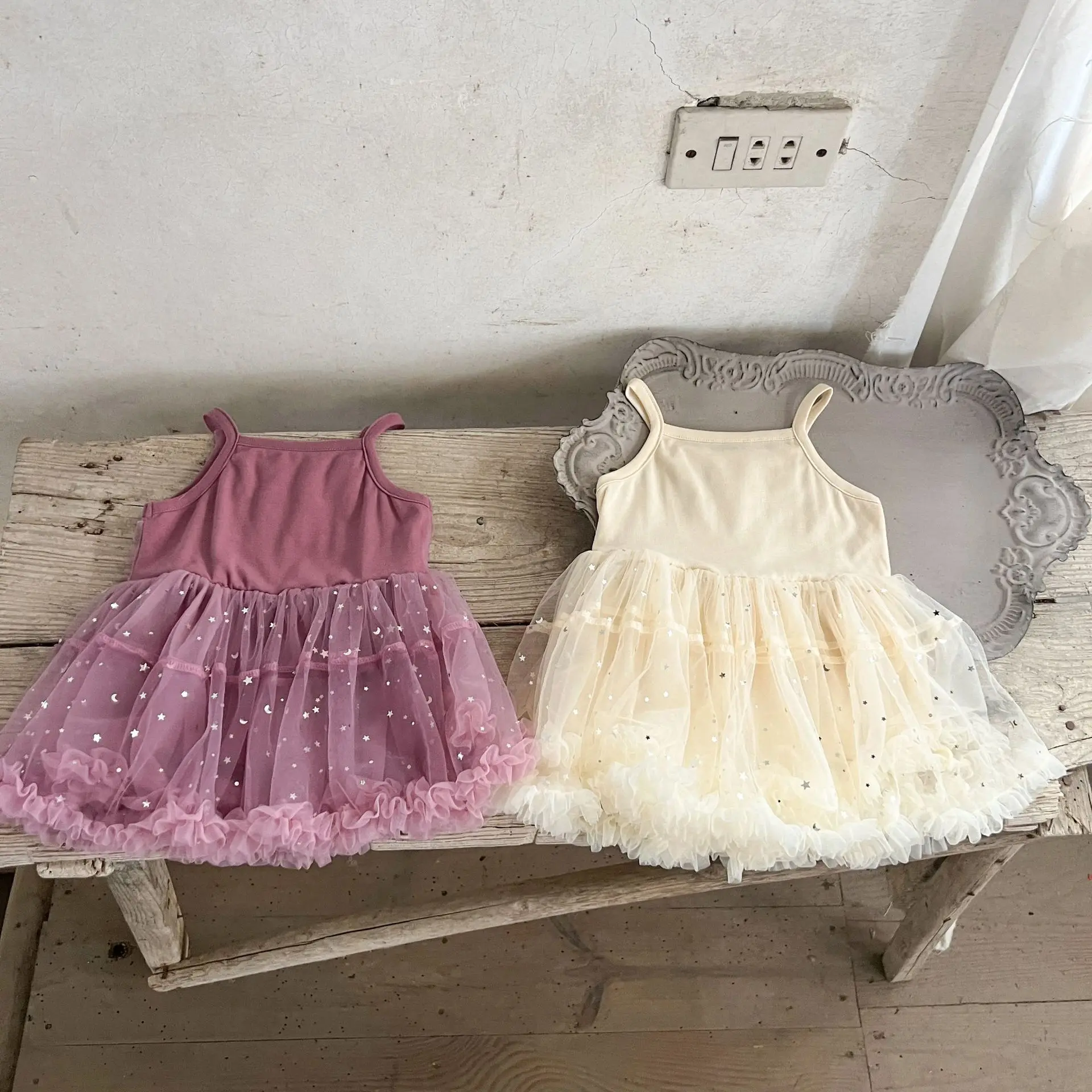 Baby Girl Pure Cotton Two Color Exquisite Industry One Year Old Silver Starry Moon Sling Yarn Dress Baby and Children's Dress