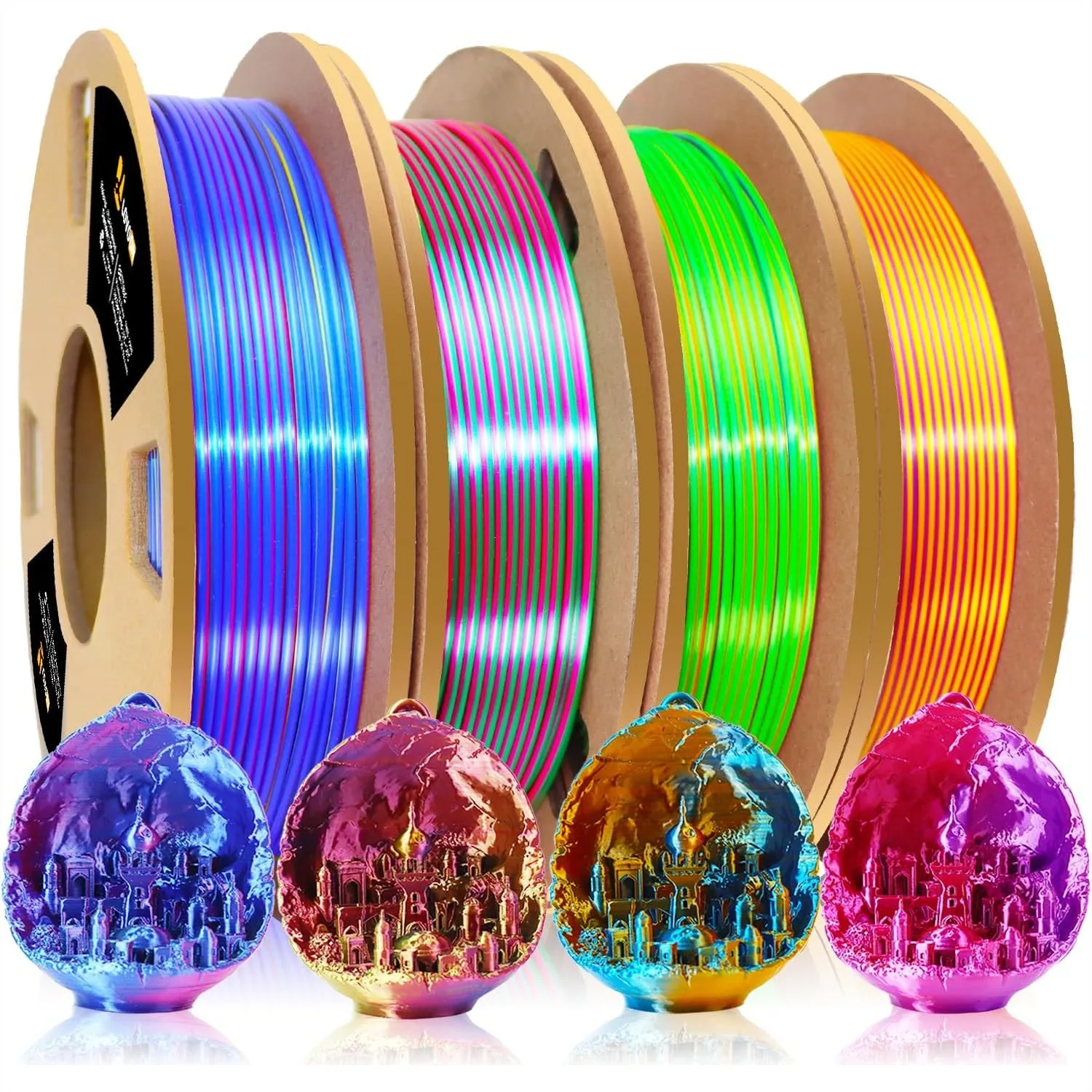 

3D PLA Filament 1.75mm Bundle, Tricolor Rainbow Silk PLA for 3D Printer Pen, Dimensional Accuracy +/-0.02mm, 200g x 4 Spools