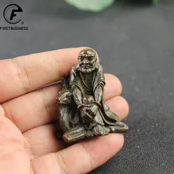 Antique Copper Arhat Sitting On A Deer Small Statue Desk Ornaments Retro Buddha Figurines Lucky Feng Shui Home Decor Accessories