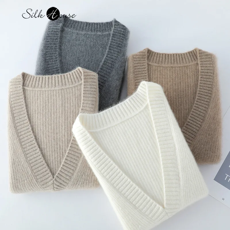 Women's Fashion Autumn/Winter New Soft Glutinous Merino Wool V-neck Vest Knitted Vest Warm Solid Color Sleeveless Sweater