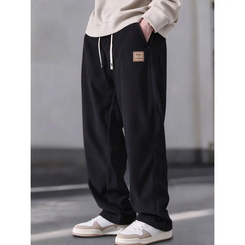 Men's Corduroy Pants Loose Straight Drawstring Waistband Winter Man Clothes Clothing Male Sports Padded Sweatpants Thermal Cold