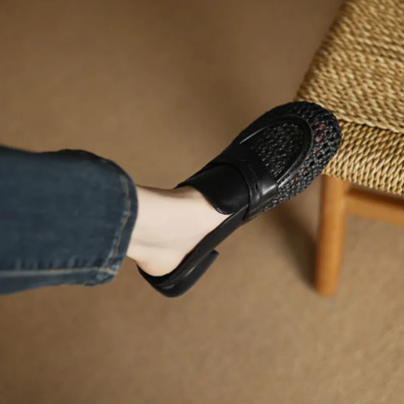 

2025 г., модная тканая повседневная женская обувь на плоской подошве, кожаная обувь из микрофибры с круглым носком, вечерние туфли, модельные летние сандалии, женские размеры 34-40